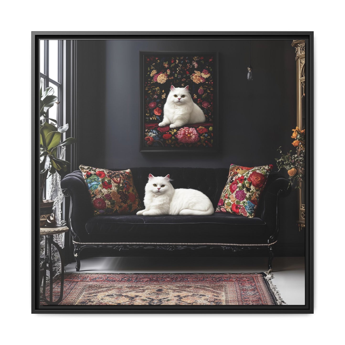White Persian "House Cat" Portrait Matte Canvas Framed | Floral Still Life Wall Art