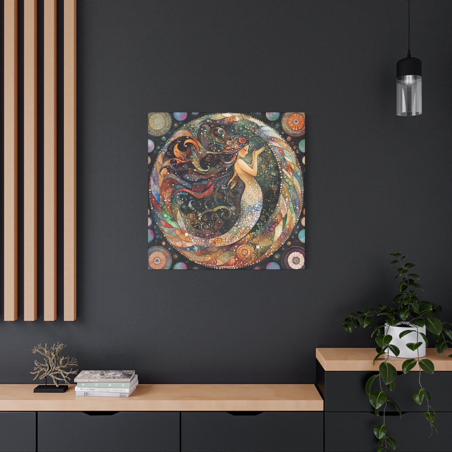 Autumnl Mermaid Canvas Art, Stretched Wall Decor, Bohemian Home Accent, Unique Gift for Sea Lovers, Nautical Art Piece, Coastal Room Decor