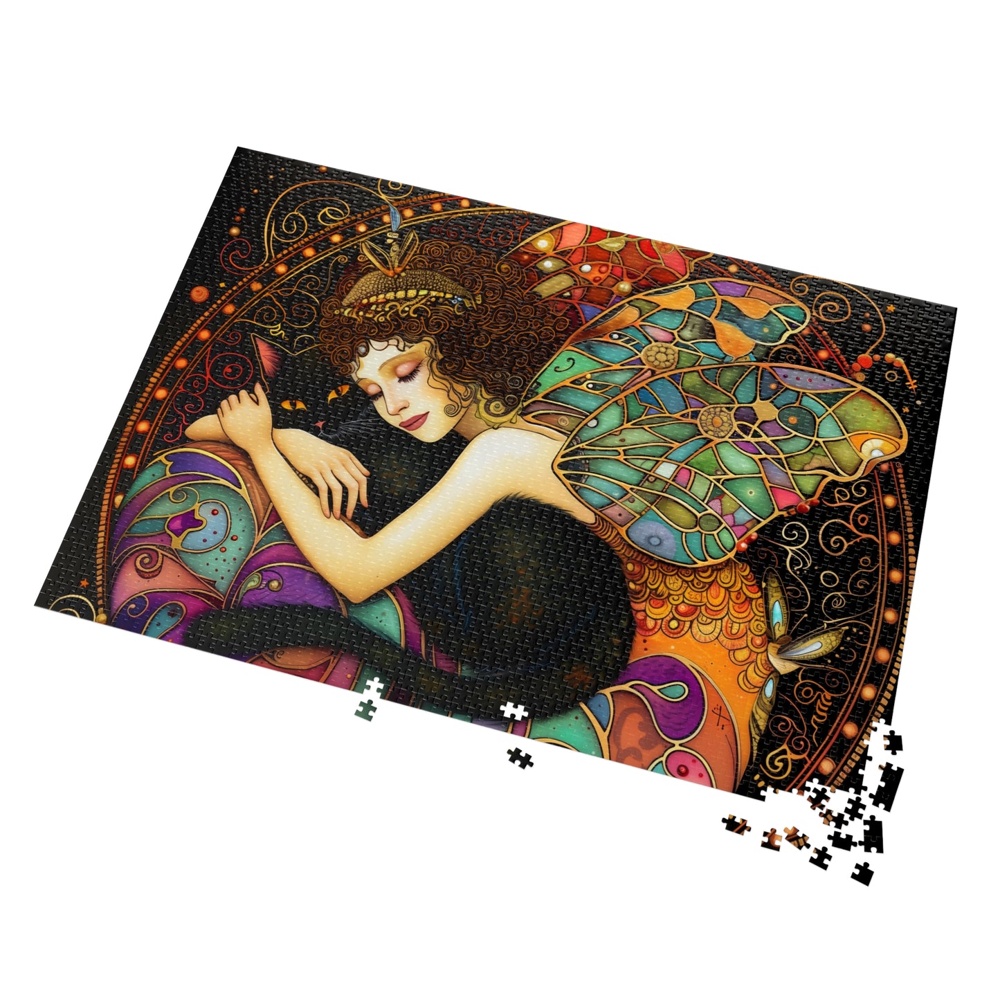 Sleeping Fairy with Black Cat Jigsaw Puzzle