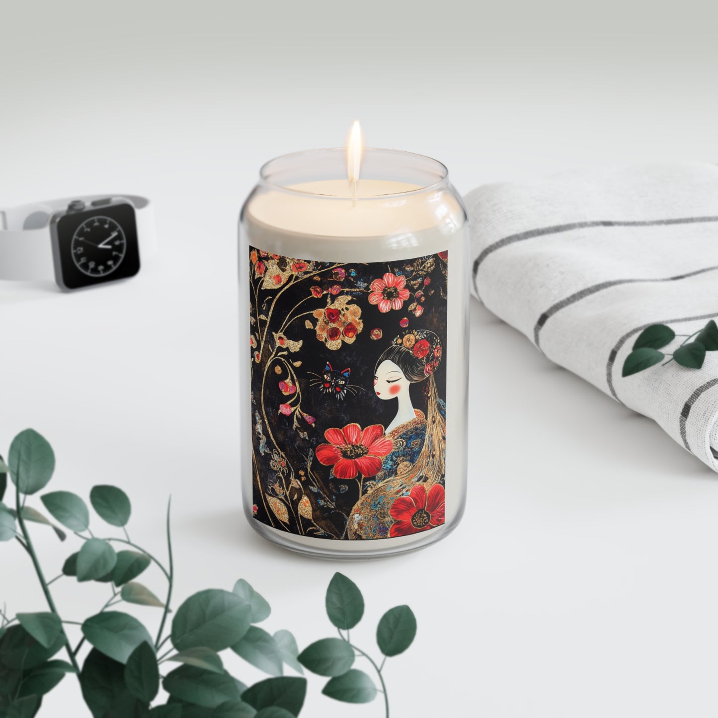 Elegant Geisha Cat Scented Soy Candle, Aromatherapy Gift, Hand-Poured Candle, Home Decor, Floral Design, Relaxation Gift
