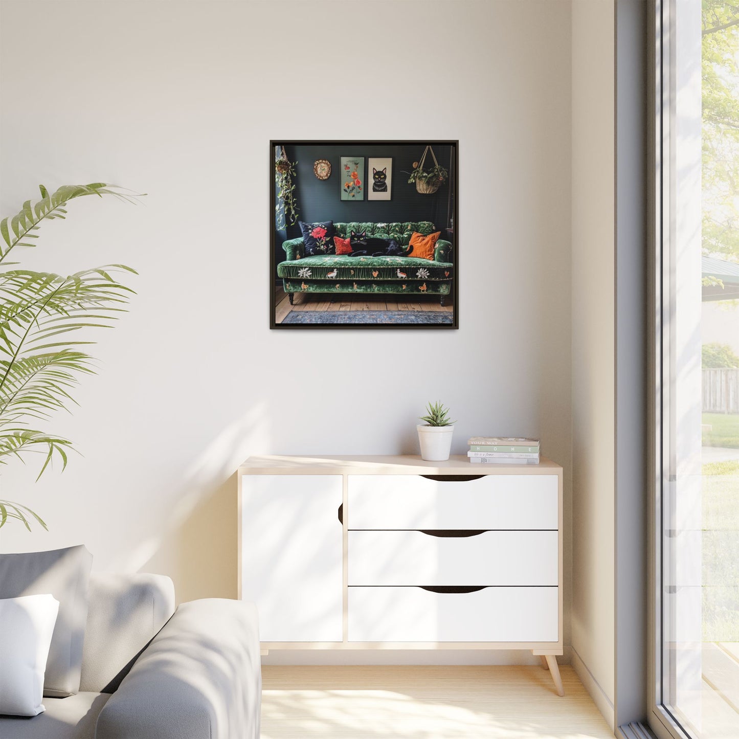 Black "House Cat" Living Room Art Matte Canvas Framed, Green Sofa Boho