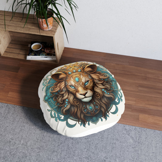 Majestic Lion Tufted Floor Pillow, Bohemian Home Decor, Round Cushion, Nursery Accent, Pet Bed, Gift for Animal Lovers