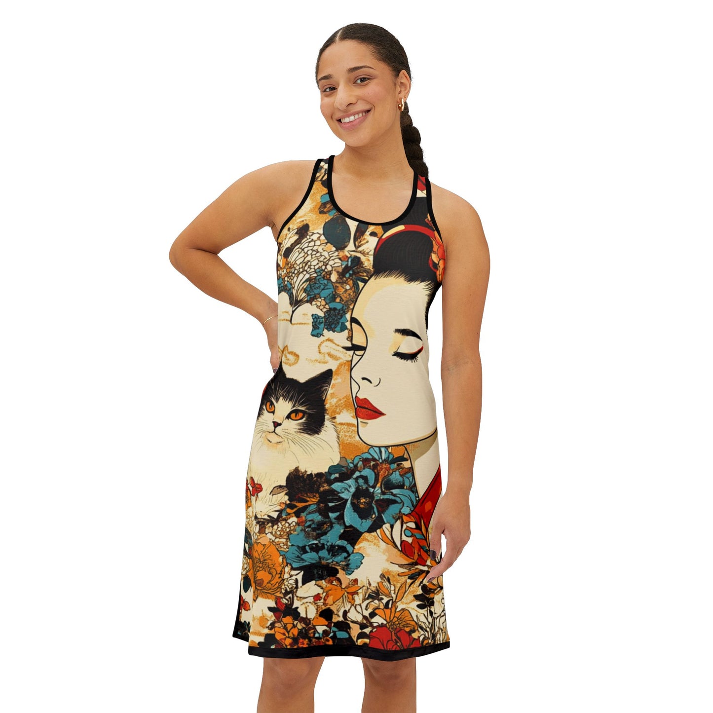 Geisha Cat Elegant Floral Racerback Dress, Bohemian Style, Summer Dress, Casual Outfit, Vintage Aesthetic, Everyday Wear