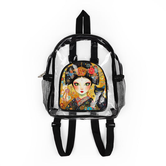 Geisha Cat Clear Stadium Backpack with Chic Design for Sports, Concerts, Festivals, Travel, Stylish and Functional