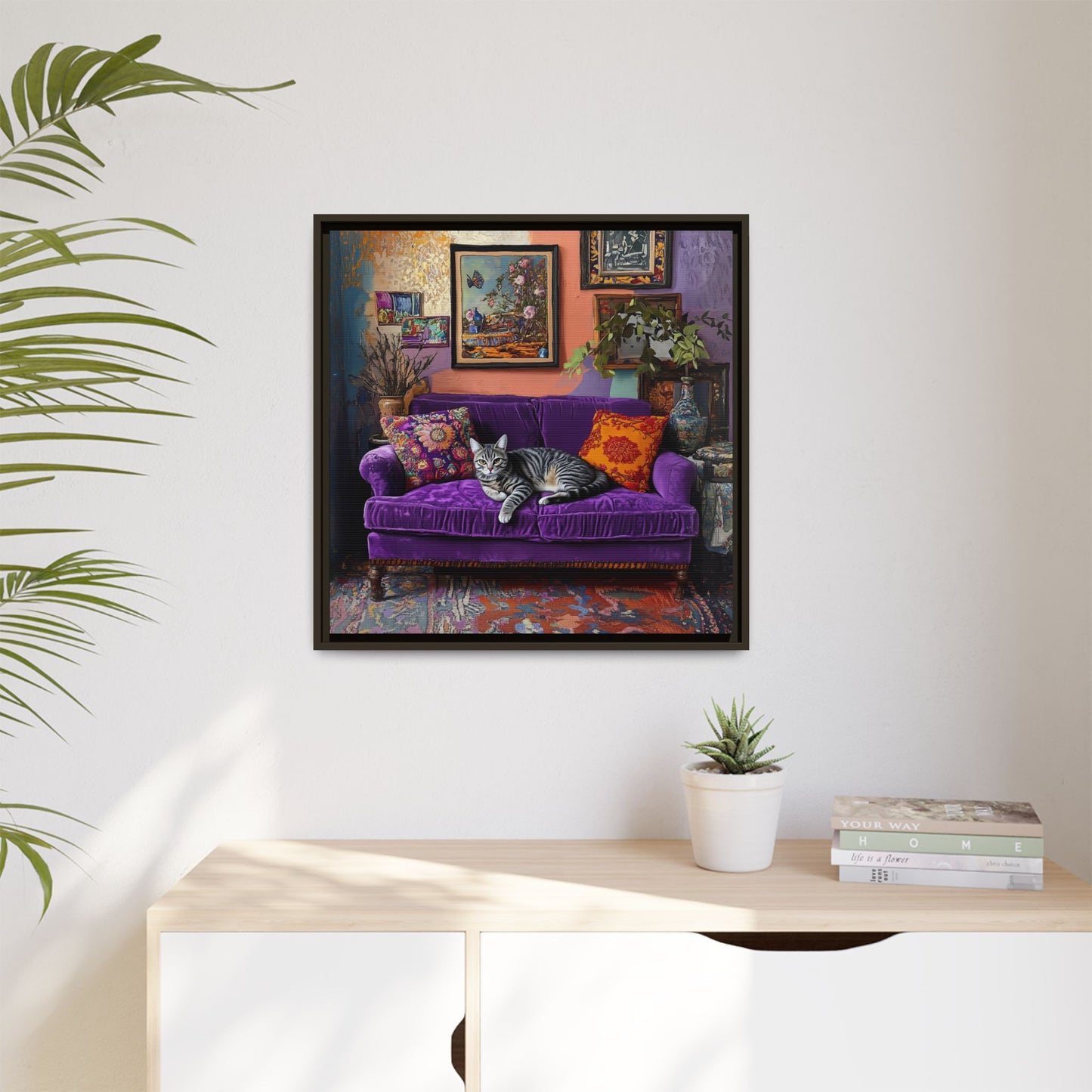 Tabby "House Cat" on Purple Velvet Sofa Matte Canvas Framed | Wall Art