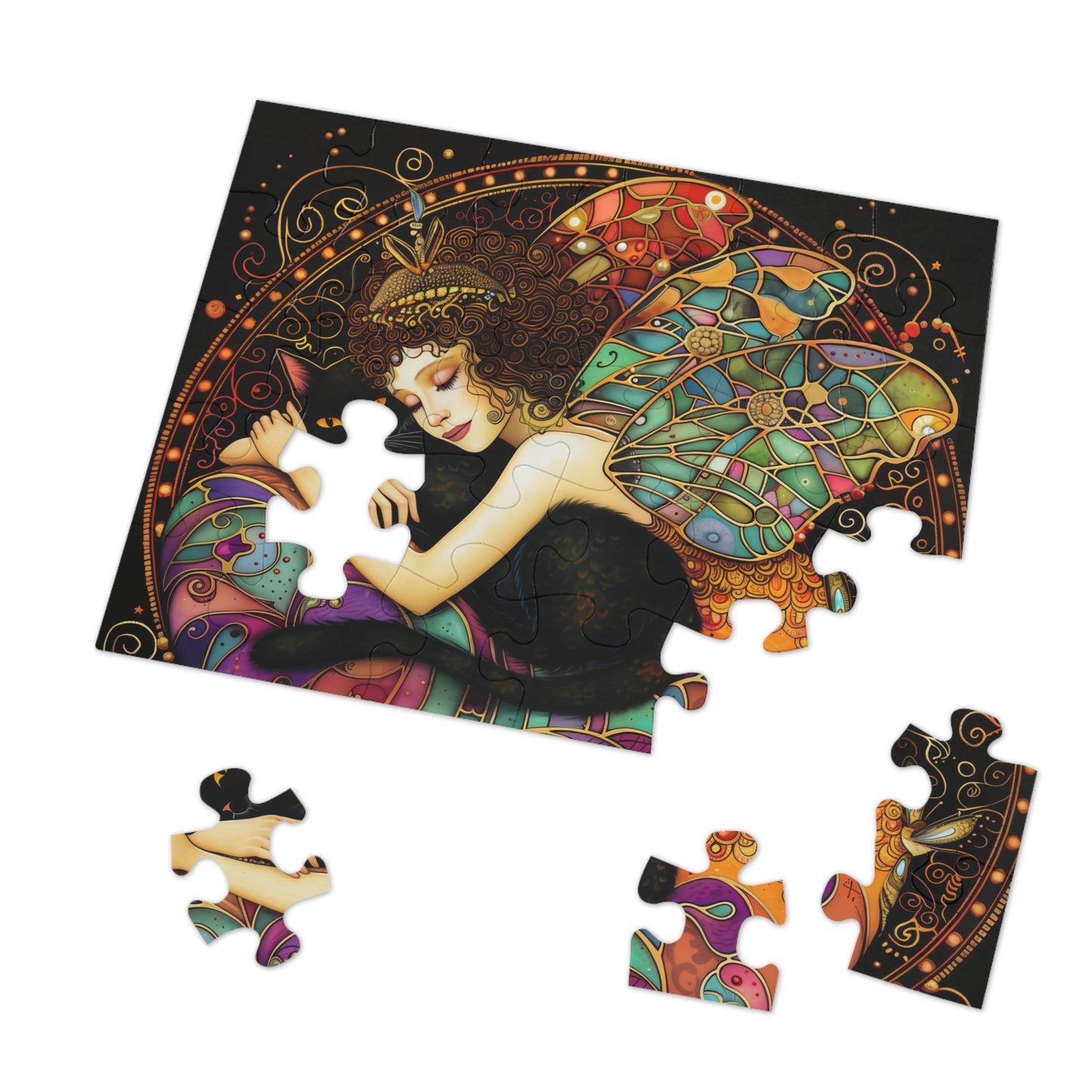 Sleeping Fairy with Black Cat Jigsaw Puzzle