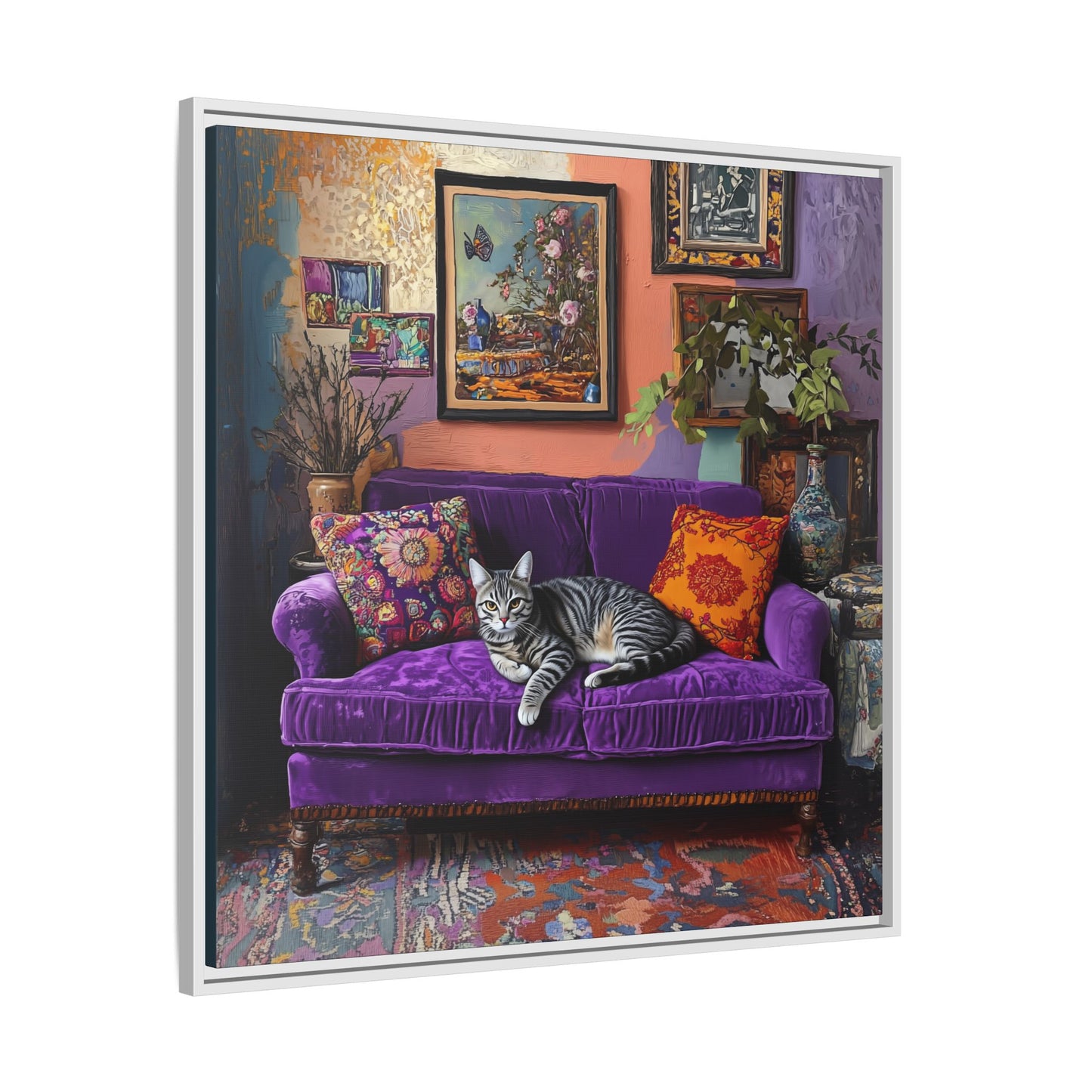 Tabby "House Cat" on Purple Velvet Sofa Matte Canvas Framed | Wall Art