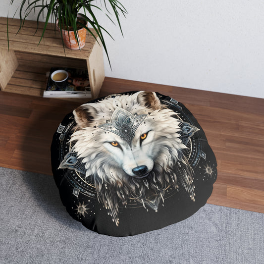 Bohemian Wolf Tufted Floor Pillow, Round Decorative Cushion, Cozy Living Room Decor, Boho Home Accent, Gift Idea for Animal Lovers