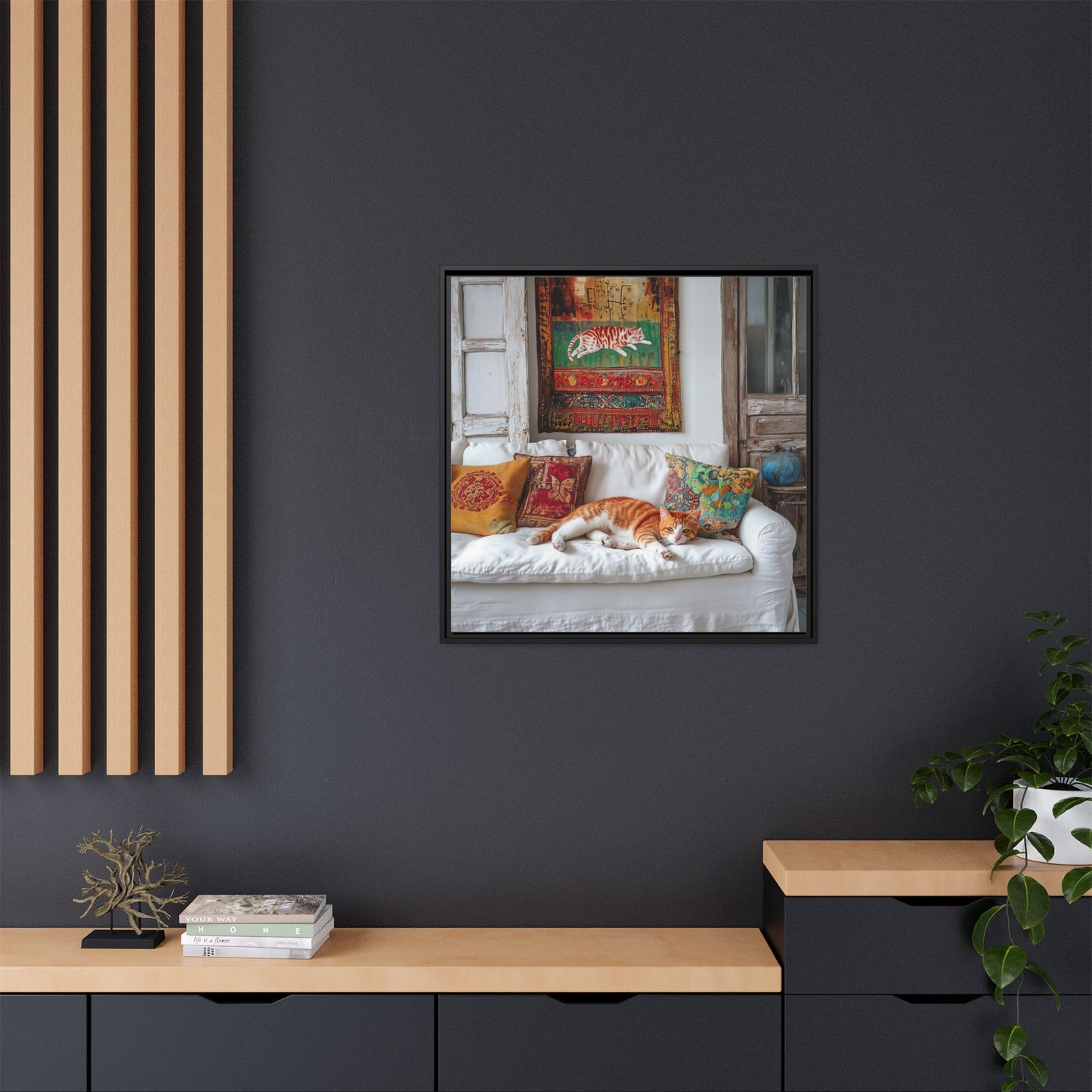 Orange Tabby "House Cat" Sleeping Ginger Cat Sofa Photo Framed Canvas