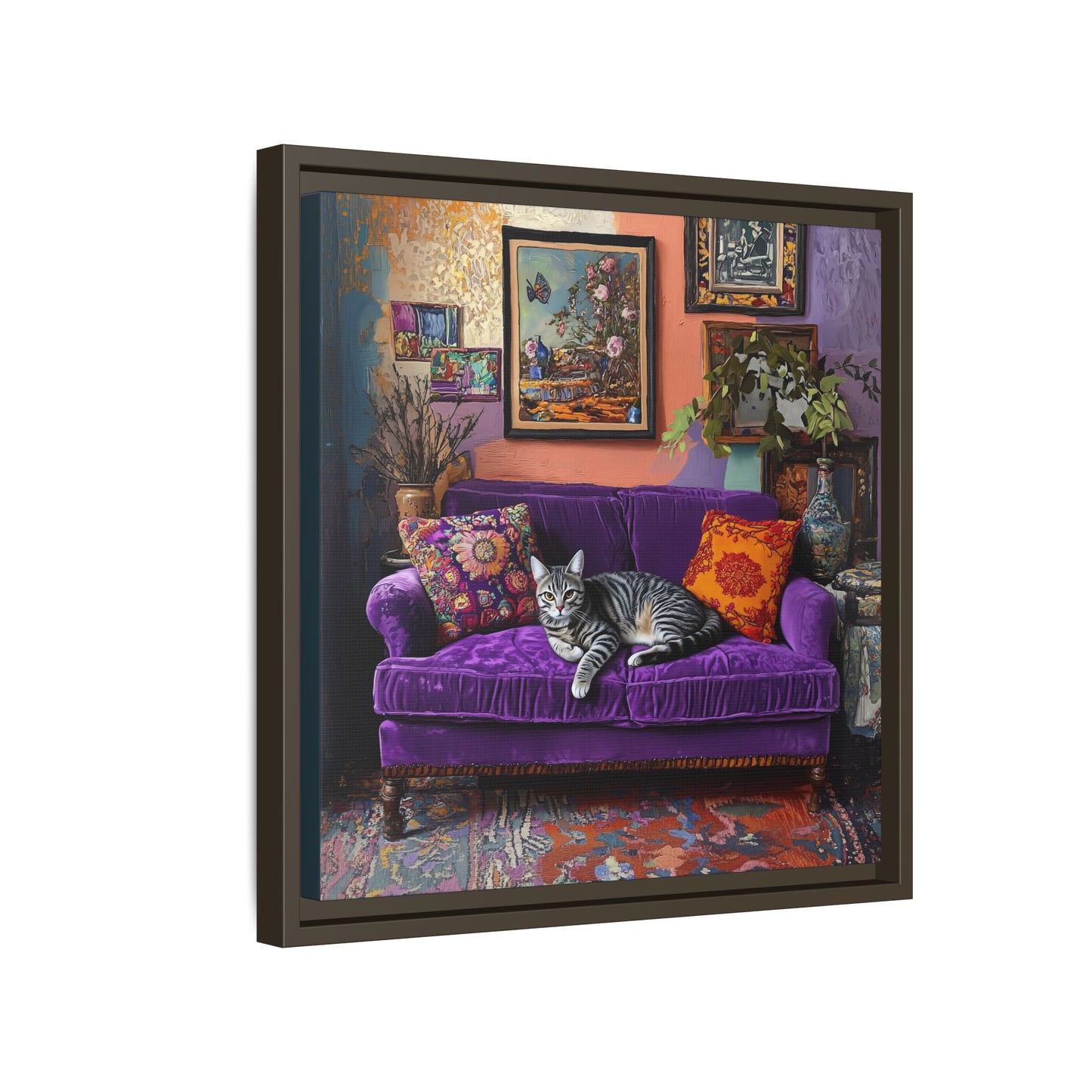 Tabby "House Cat" on Purple Velvet Sofa Matte Canvas Framed | Wall Art