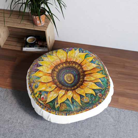 Sunflower Tufted Floor Pillow, Round - Boho Home Decor, Cozy Seating Cushion, Flower Pattern Accent Pillow, Nature Inspired Gift