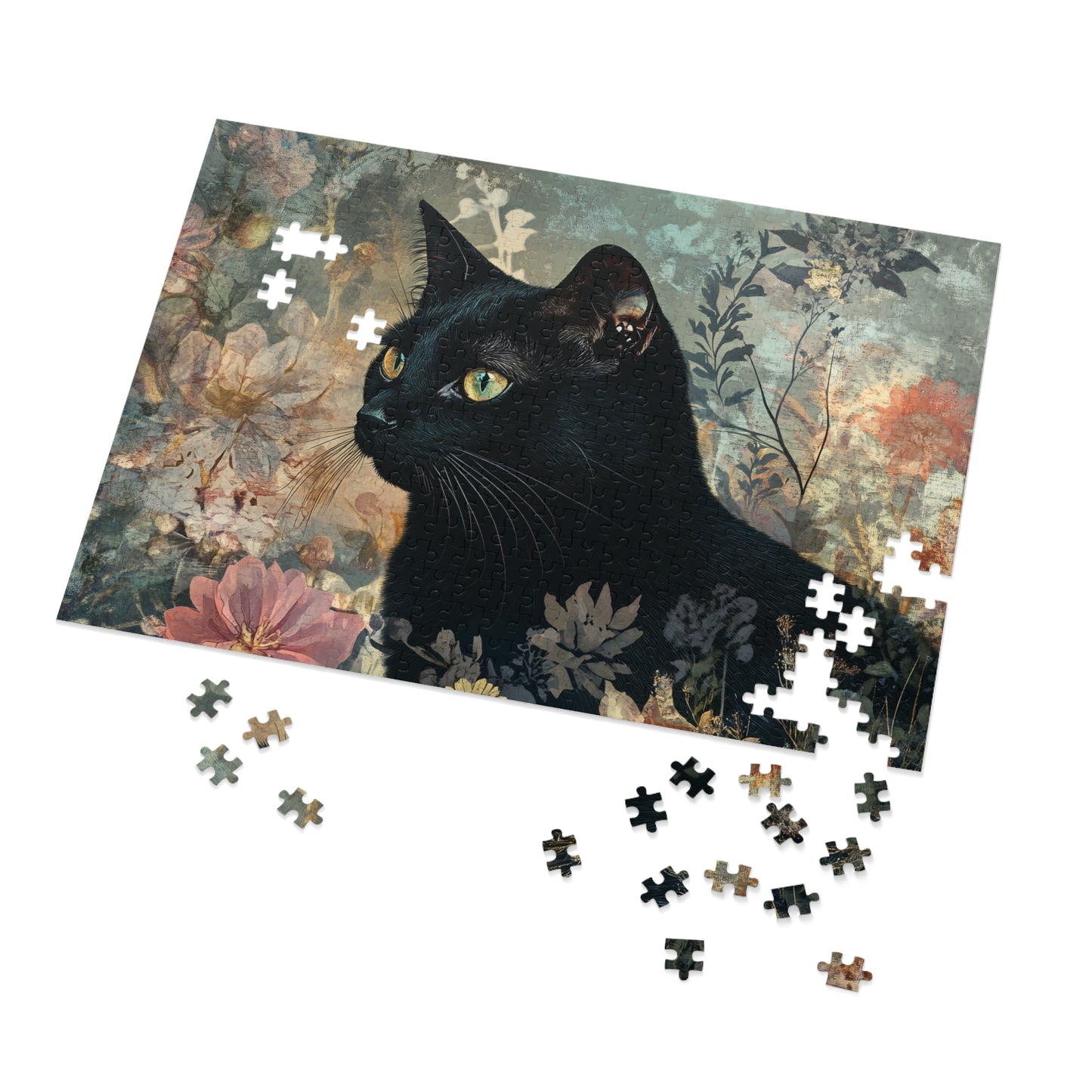 Black Cat Floral Art Jigsaw Puzzle with Tin