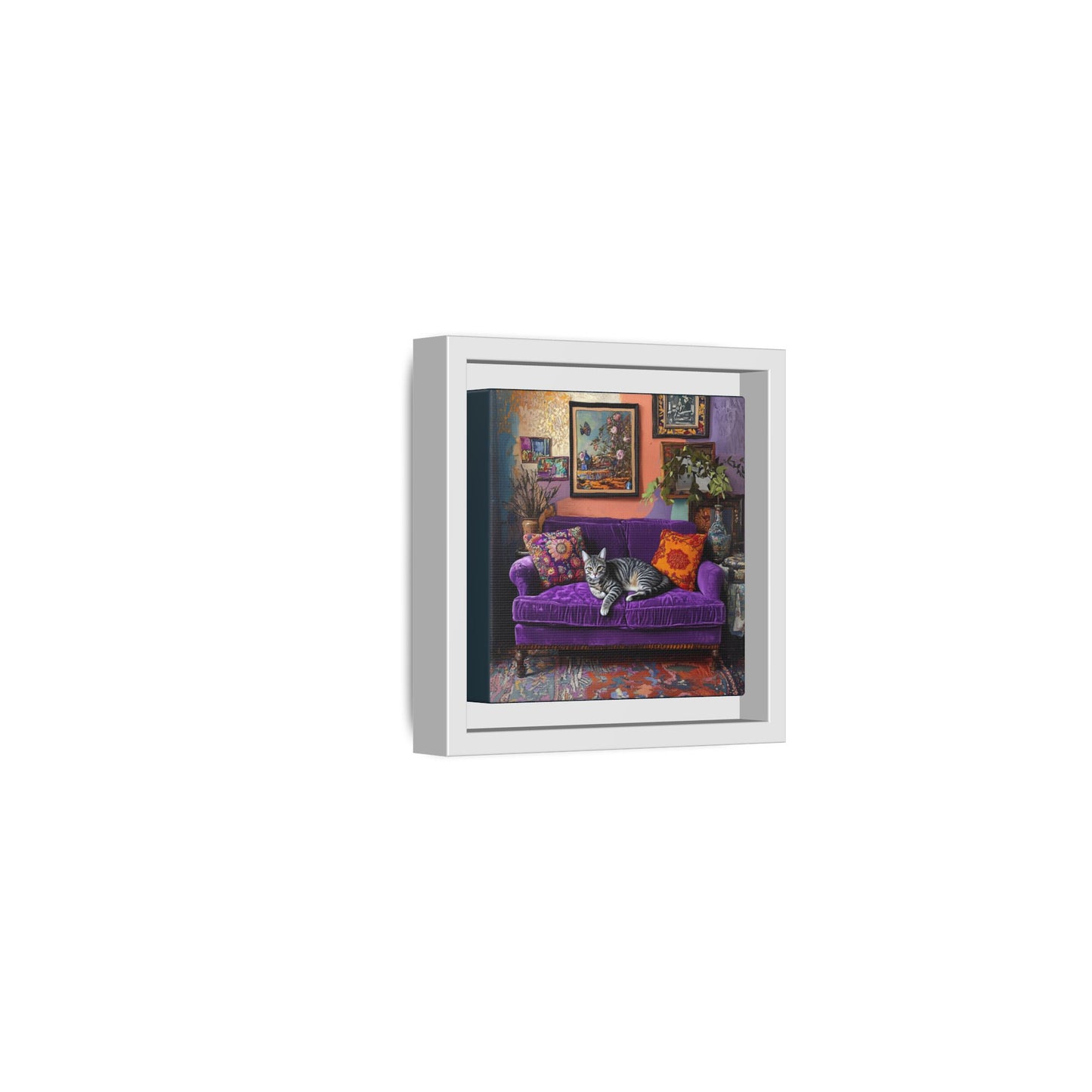 Tabby "House Cat" on Purple Velvet Sofa Matte Canvas Framed | Wall Art