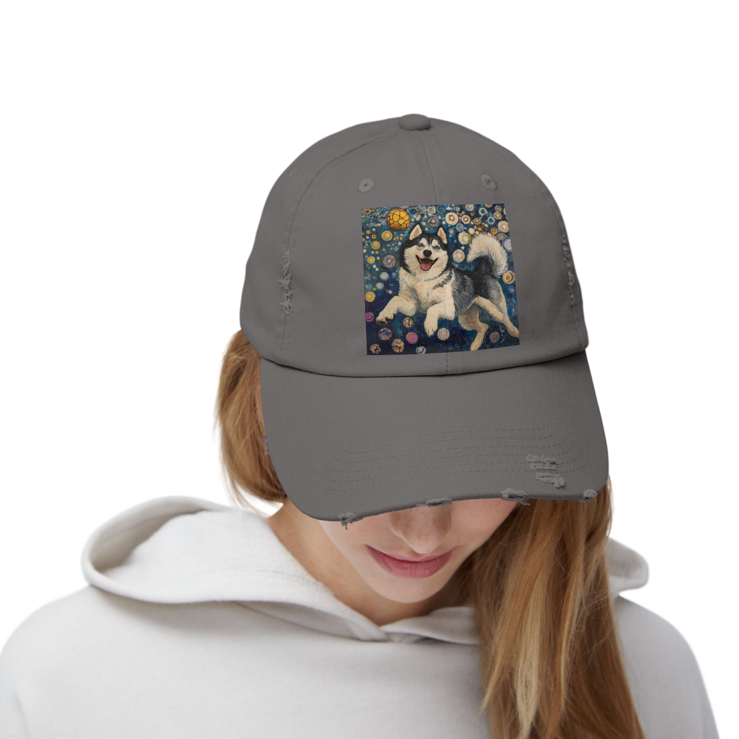 Husky Dog Cap, Distressed Adjustable Hat, Pet Lover Gift, Cute Casual Fashion, Unique Animal Apparel