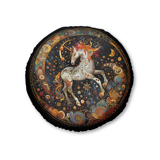 Celestial Unicorn Tufted Floor Pillow, Round, Bohemian Home Decor, Cozy Living Room Accent, Gift for Kids or Unicorn Lovers, Astrology Decor
