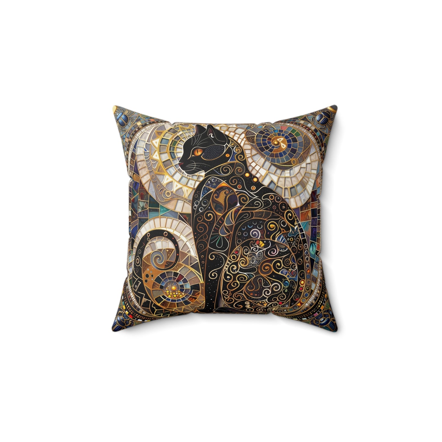 Mosaic Black Cat Pillow  Faux Suede Square Pillow