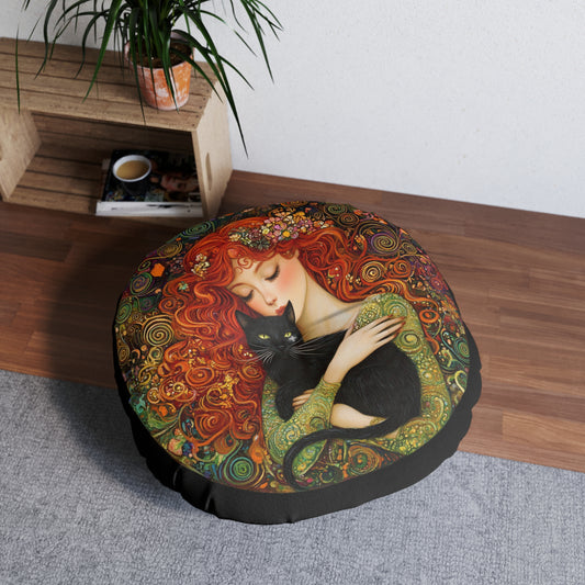 Artistic Tufted Floor Pillow, Cozy Decor, Cat Lover Gift, Bohemian Home Accent, Unique Round Cushion