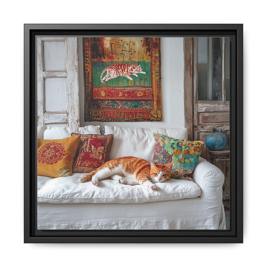 Orange Tabby "House Cat" Sleeping Ginger Cat Sofa Photo Framed Canvas