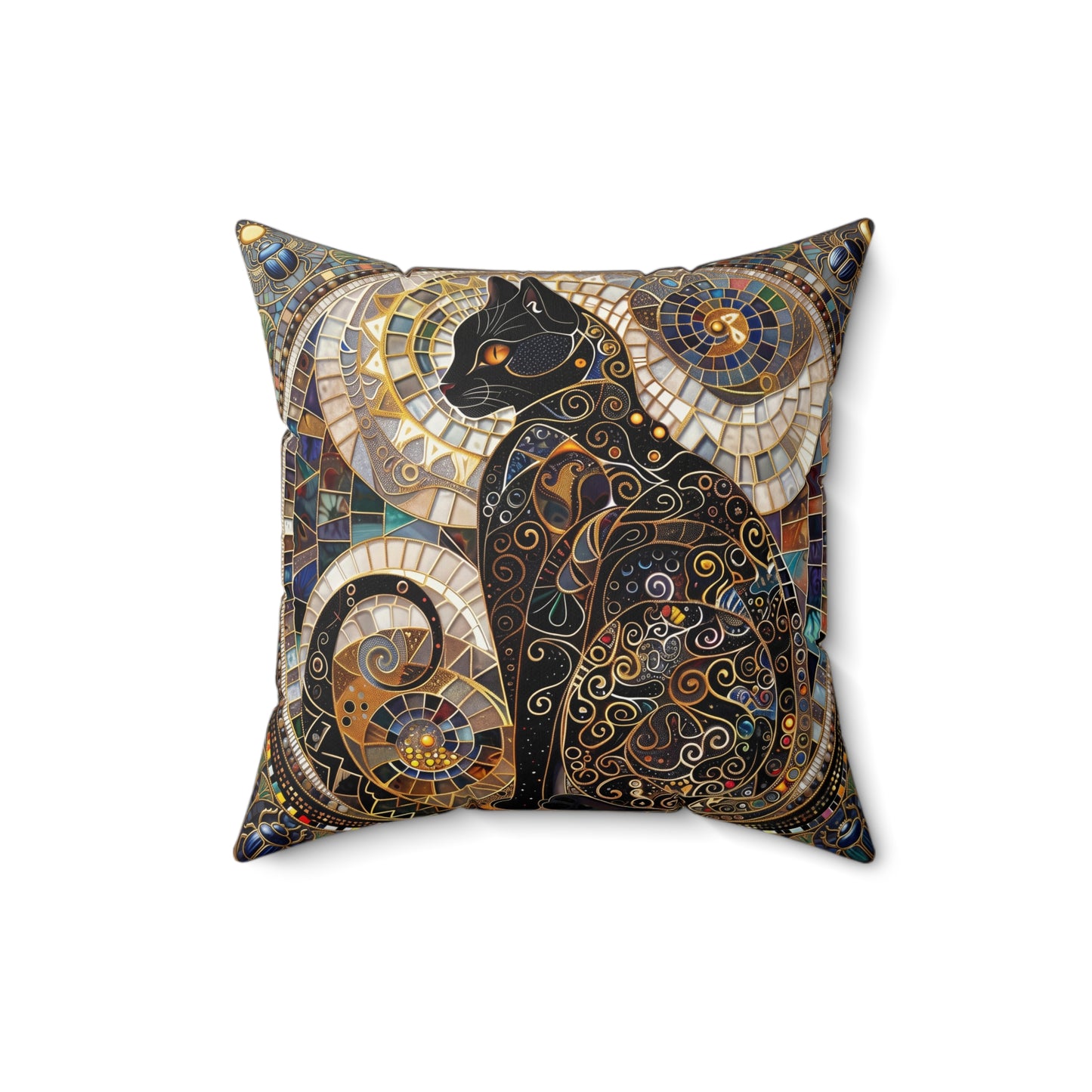 Mosaic Black Cat Pillow  Faux Suede Square Pillow