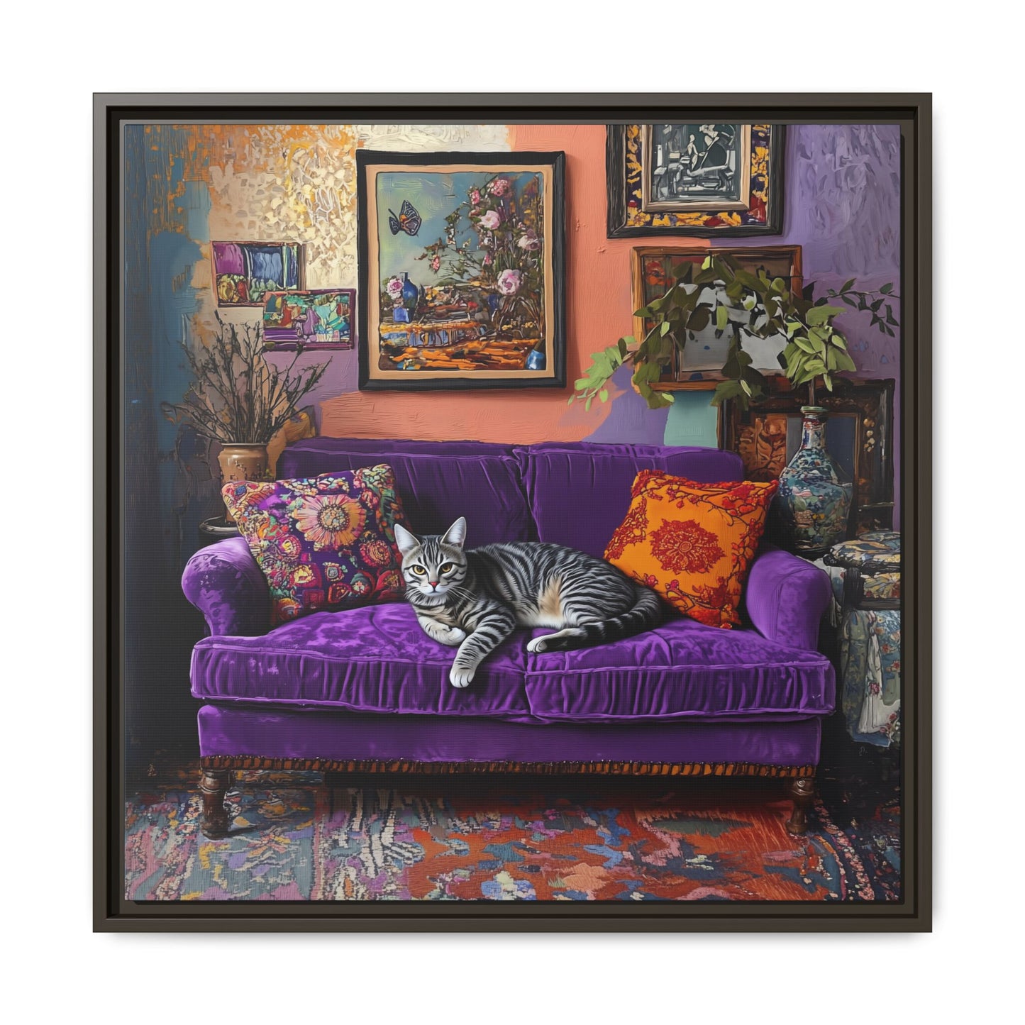 Tabby "House Cat" on Purple Velvet Sofa Matte Canvas Framed | Wall Art