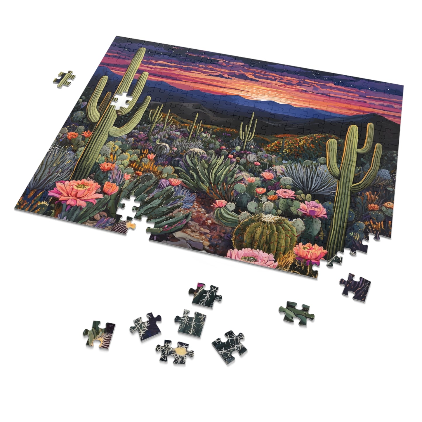 Desert Cactus Sunset Jigsaw Puzzle with Tin | Desert Landscape Puzzle