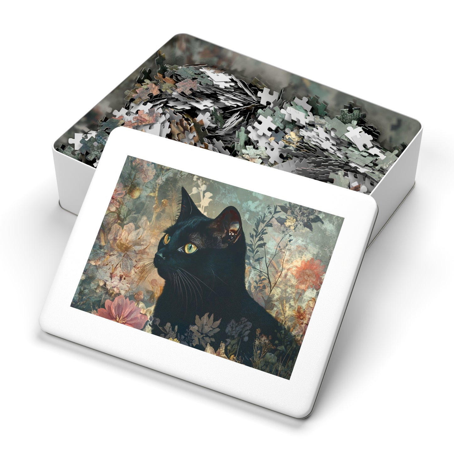 Black Cat Floral Art Jigsaw Puzzle with Tin