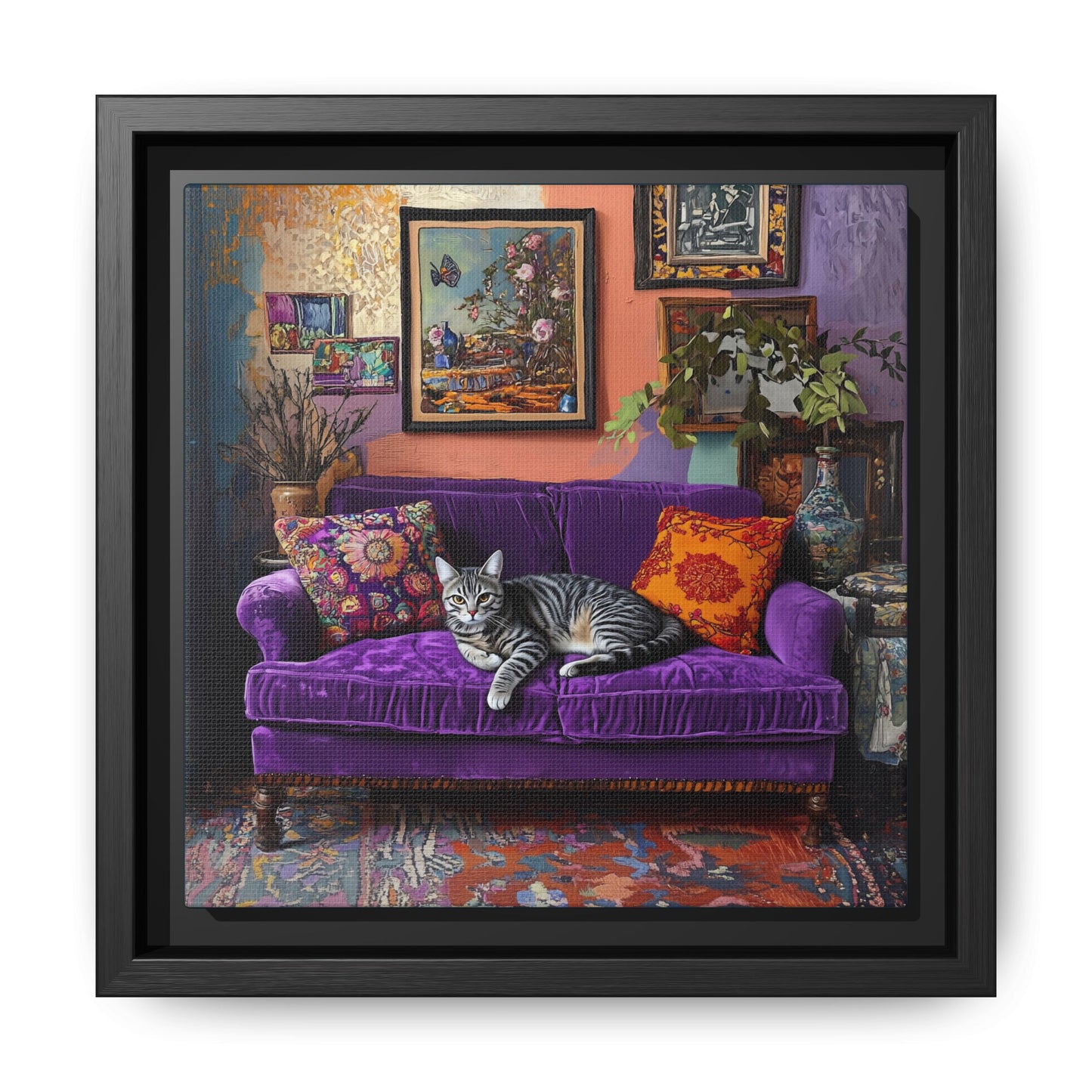Tabby "House Cat" on Purple Velvet Sofa Matte Canvas Framed | Wall Art