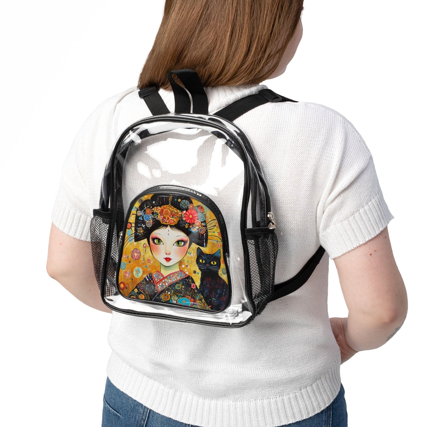 Geisha Cat Clear Stadium Backpack with Chic Design for Sports, Concerts, Festivals, Travel, Stylish and Functional