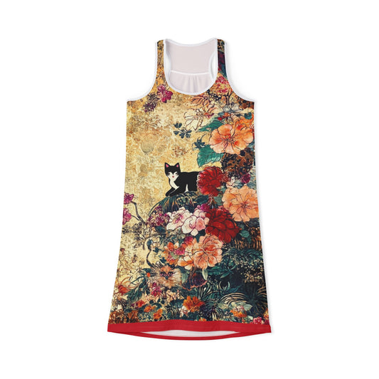Geisha Cat Vintage Floral Cat Women's Racerback Dress, Summer Fashion, Casual Wear, Pet Lover Gift, Festive Occasions, Beach Cover-Up