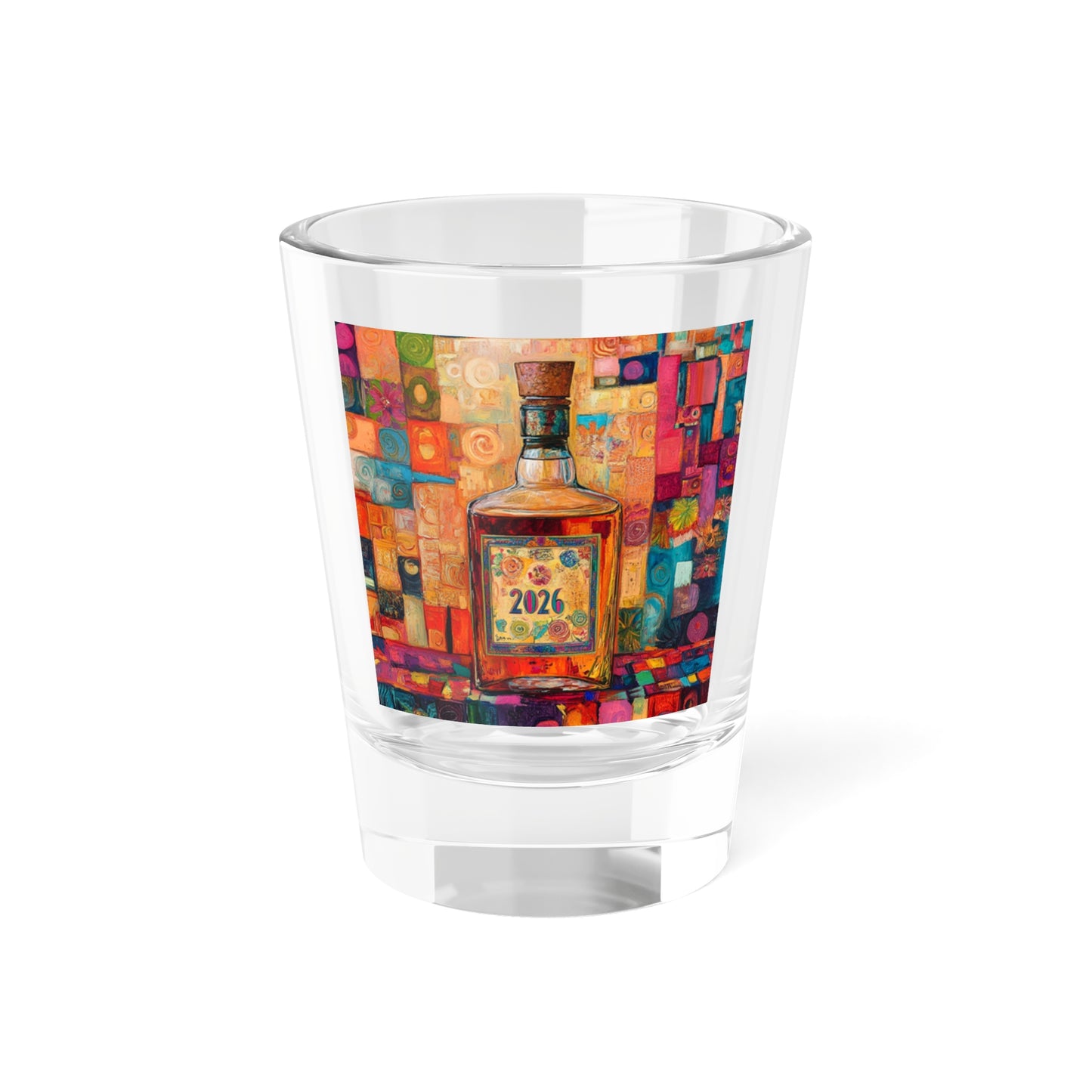 Happy New Year 2026 Tequila Bottle Artwork Shot Glass | Colorful Mosaic Barware