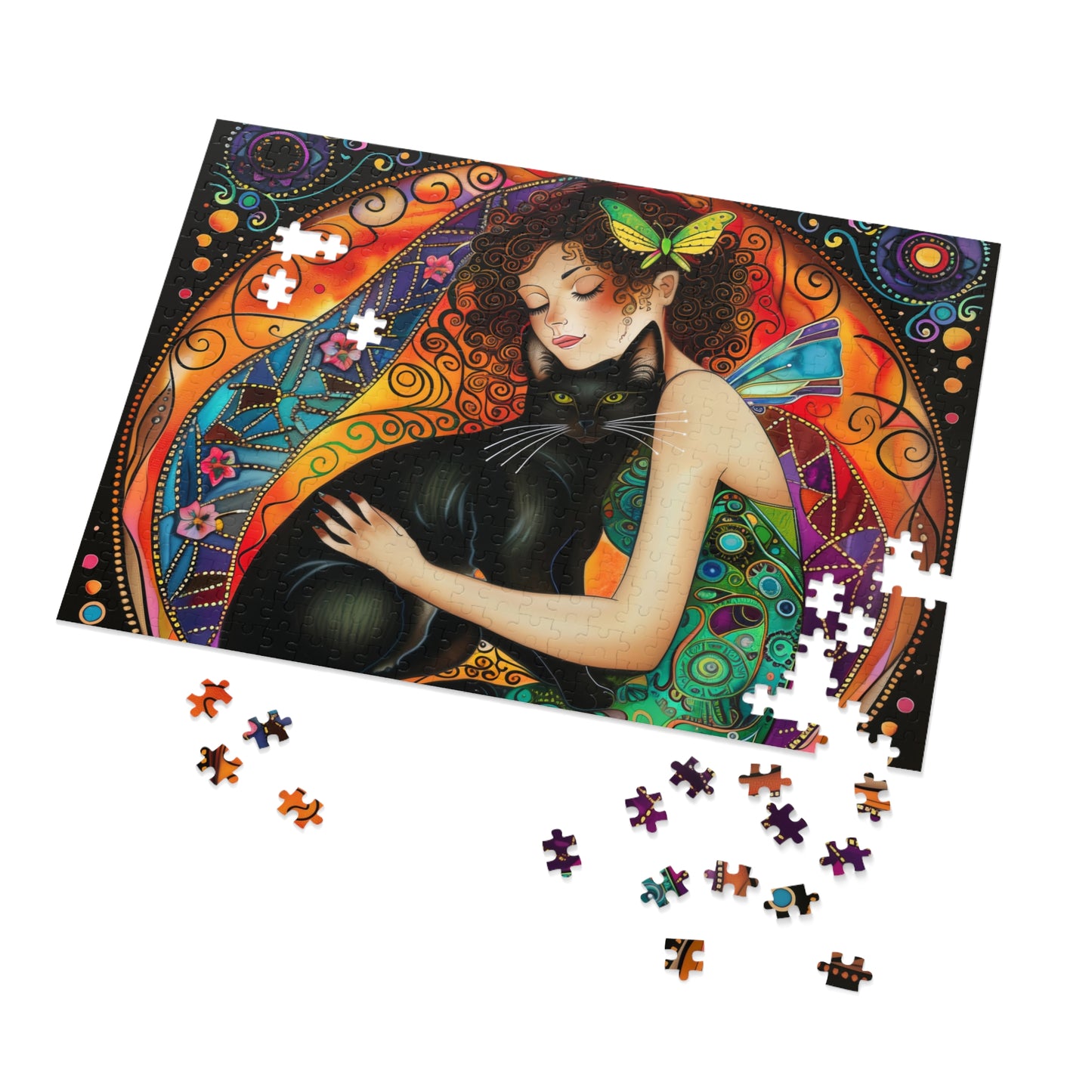Fairy Embracing Black Cat Jigsaw Puzzle with Tin | Colorful Boho Art