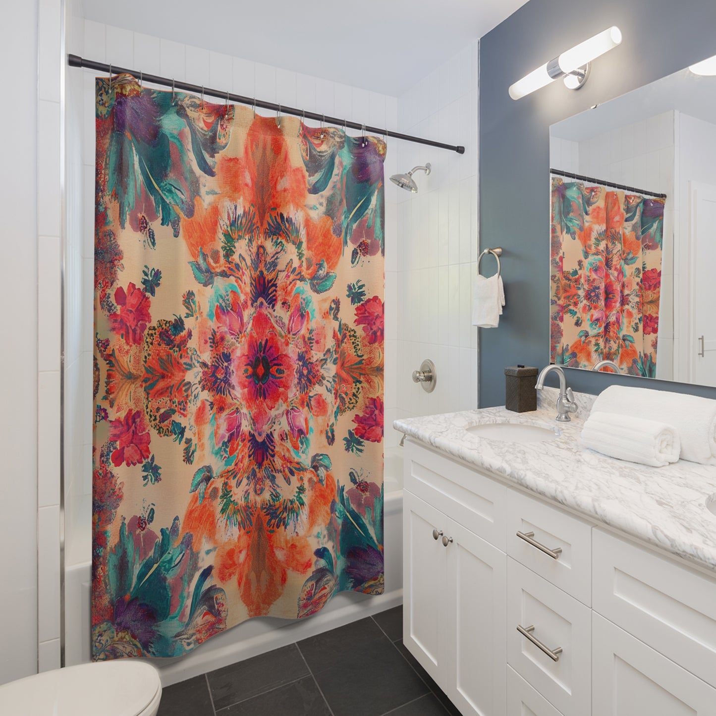 Boho Watercolor Floral Shower Curtain Vibrant Mandala Bathroom Decor