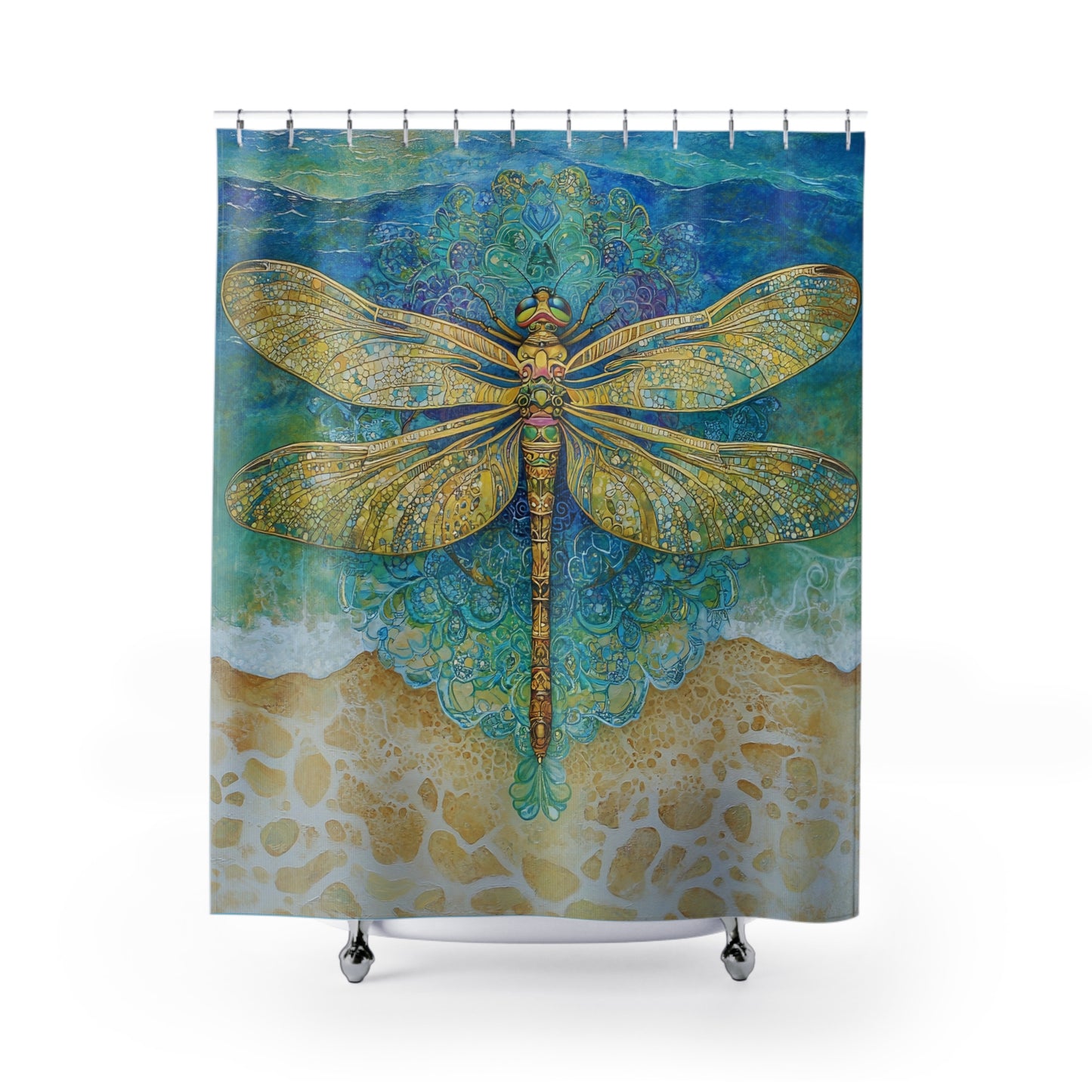 Golden Dragonfly Shower Curtain | Boho Ocean Mandala Bath Decor