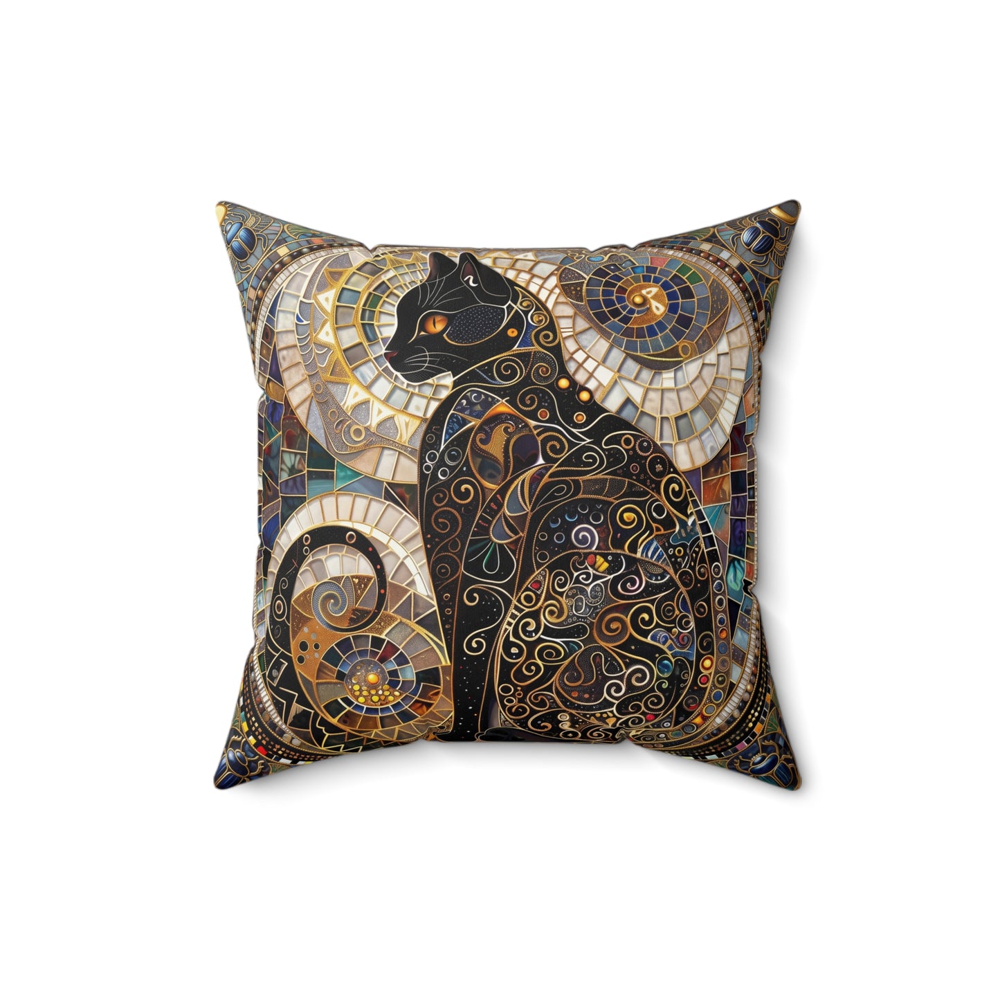 Mosaic Black Cat Pillow  Faux Suede Square Pillow