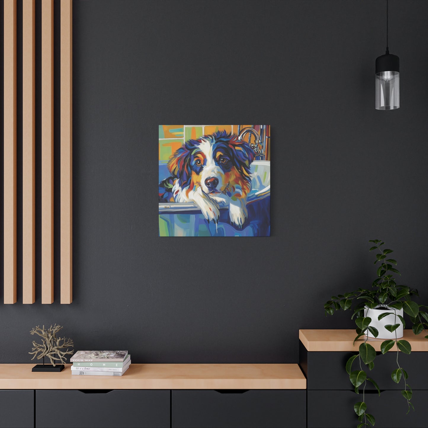 Aussie Bathtub Canvas, Australian Shepherd Art, Aussie Canvas, Tri Color Australian Shepherd Art, Dog Bathtub Prints