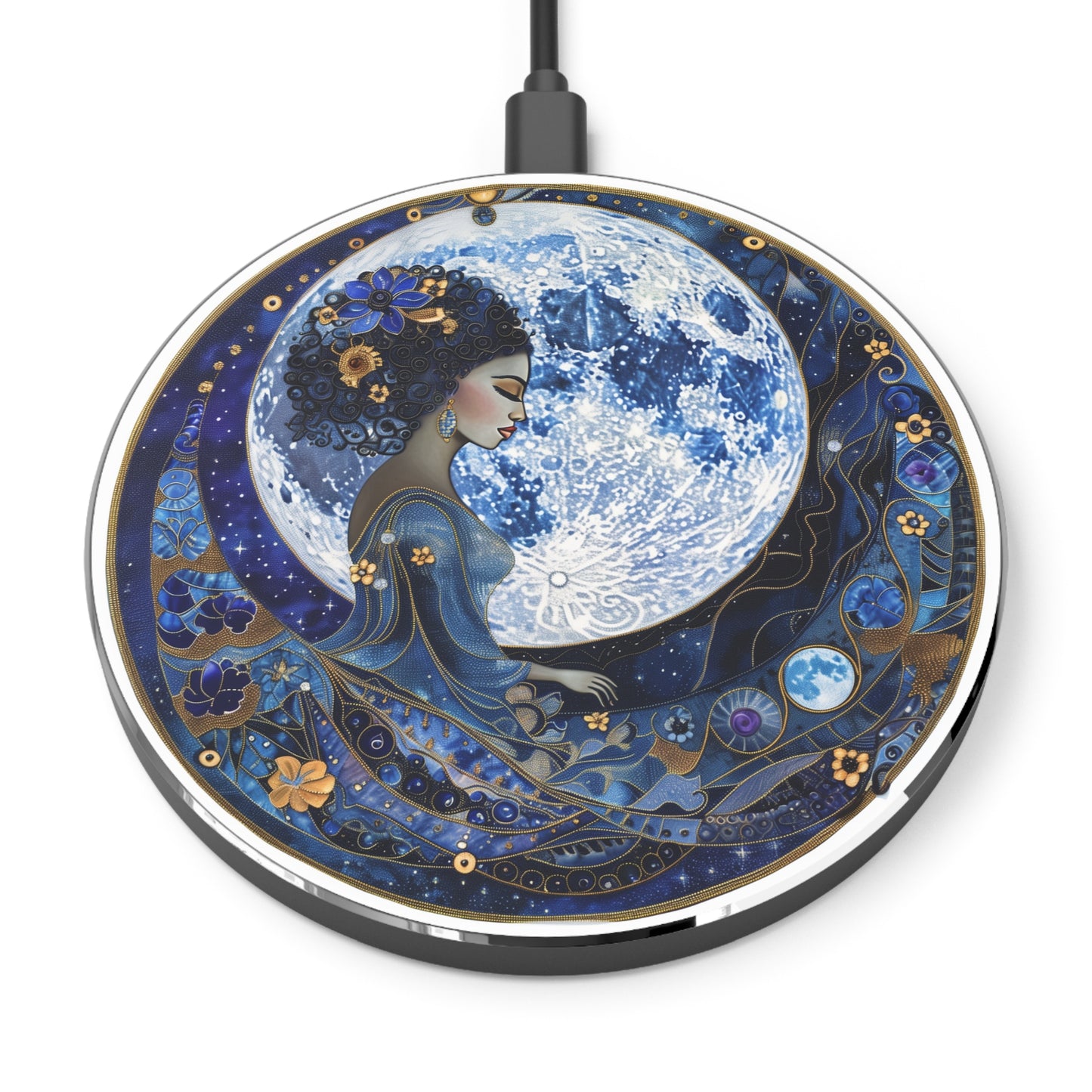 Blue Moon Goddess Wireless Charger Celestial Moon Design, Galaxy Decor, Unique Gift for Tech Lovers, Home Office, Astrological Theme