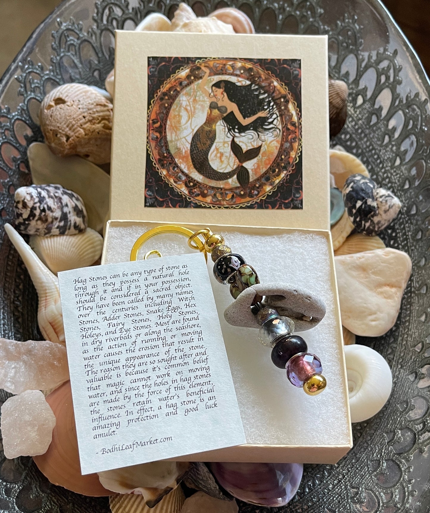 Mermaid Gift Box with Bead and Beach Stone Keychain