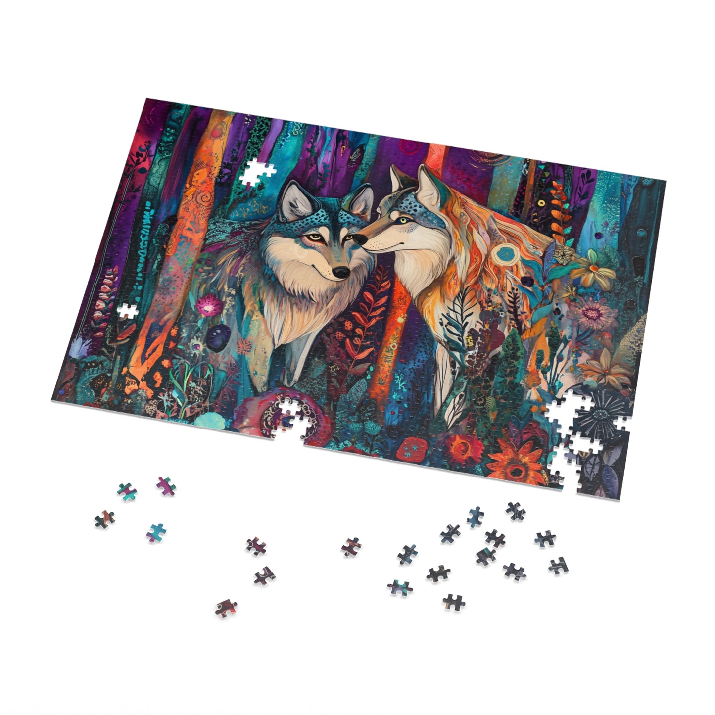 Mystic Wolves jigsaw puzzle with tin | colorful forest wolf art