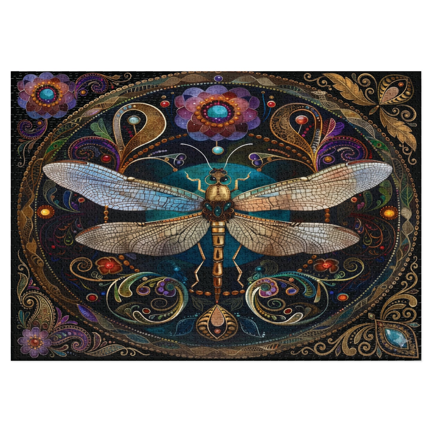 Ornate Dragonfly Mandala Jigsaw Puzzle with Tin | Vintage Floral Puzzle