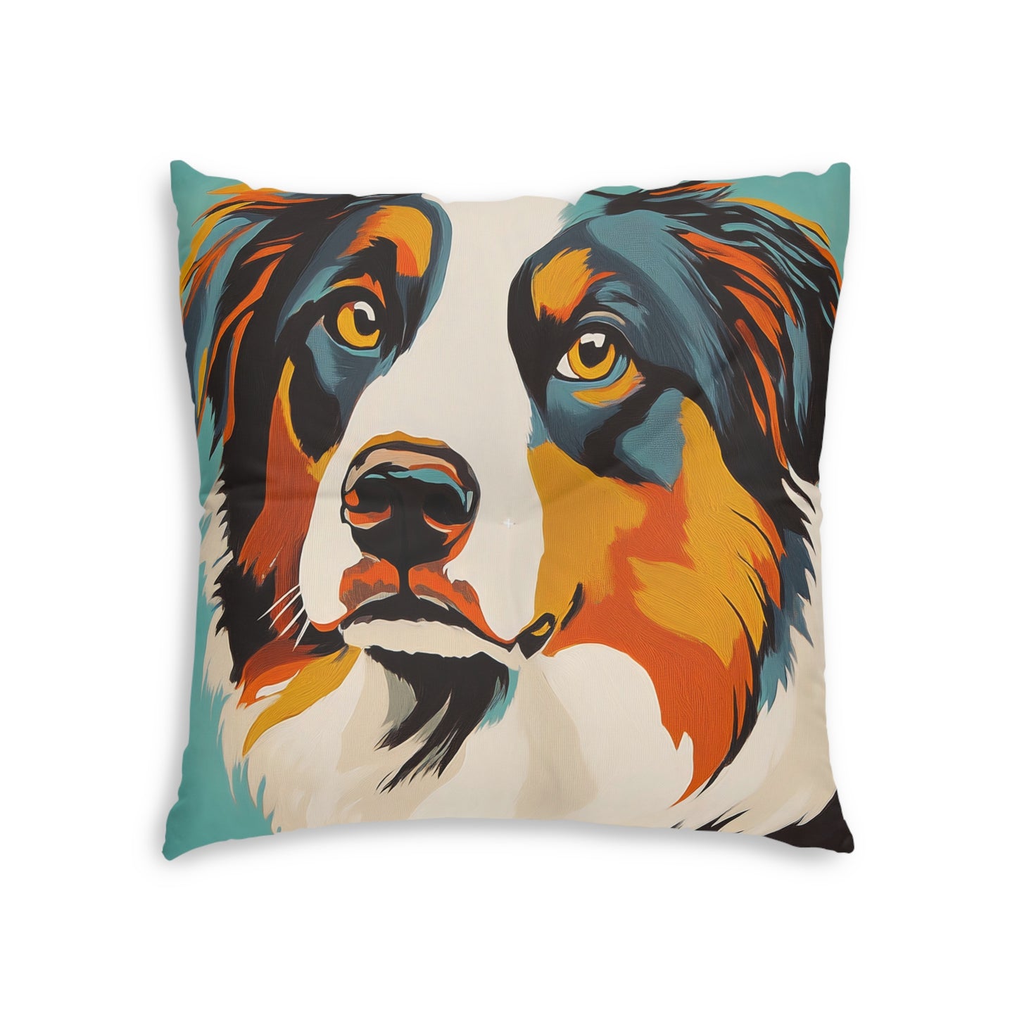 Mid Century Modern Pillow Colorful Australian Shepherd Face Tufted Floor Pillow | Square