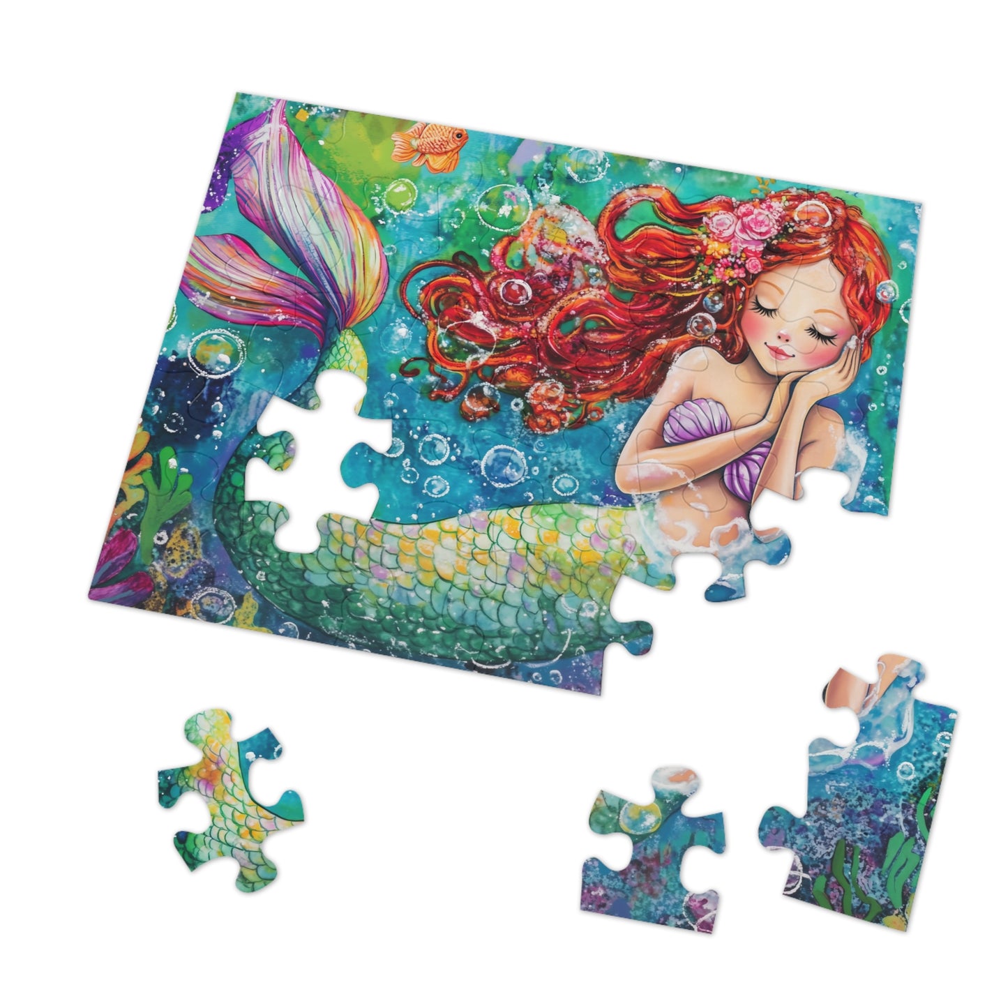 Whimsical Redhead Mermaid Jigsaw Puzzle with Tin | Colorful Underwater Scene
