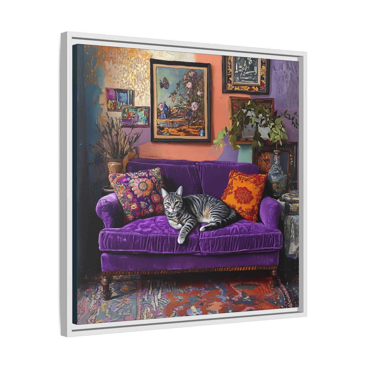 Tabby "House Cat" on Purple Velvet Sofa Matte Canvas Framed | Wall Art
