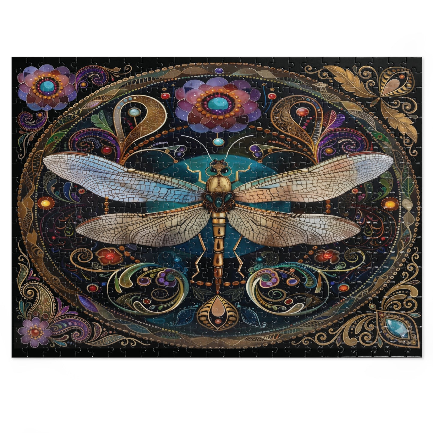 Ornate Dragonfly Mandala Jigsaw Puzzle with Tin | Vintage Floral Puzzle