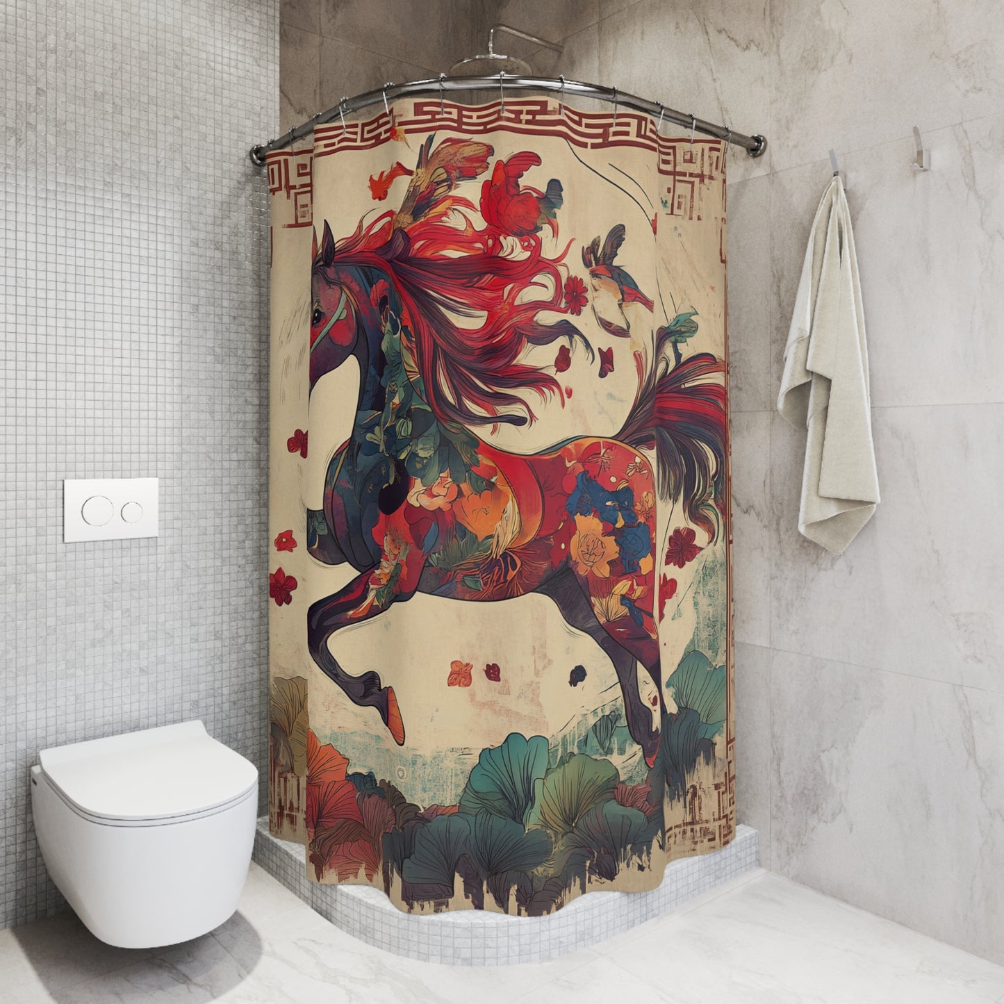 Year of The Firel Horse Shower Curtain — Vibrant Red Mane Equestrian Art