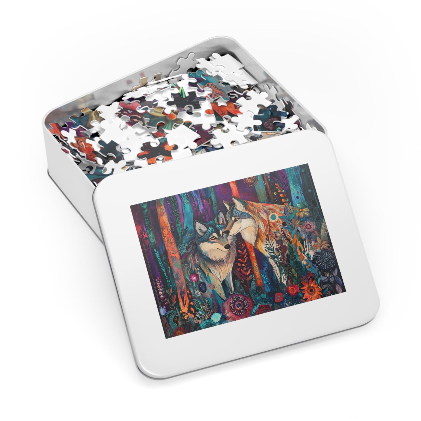 Mystic Wolves jigsaw puzzle with tin | colorful forest wolf art