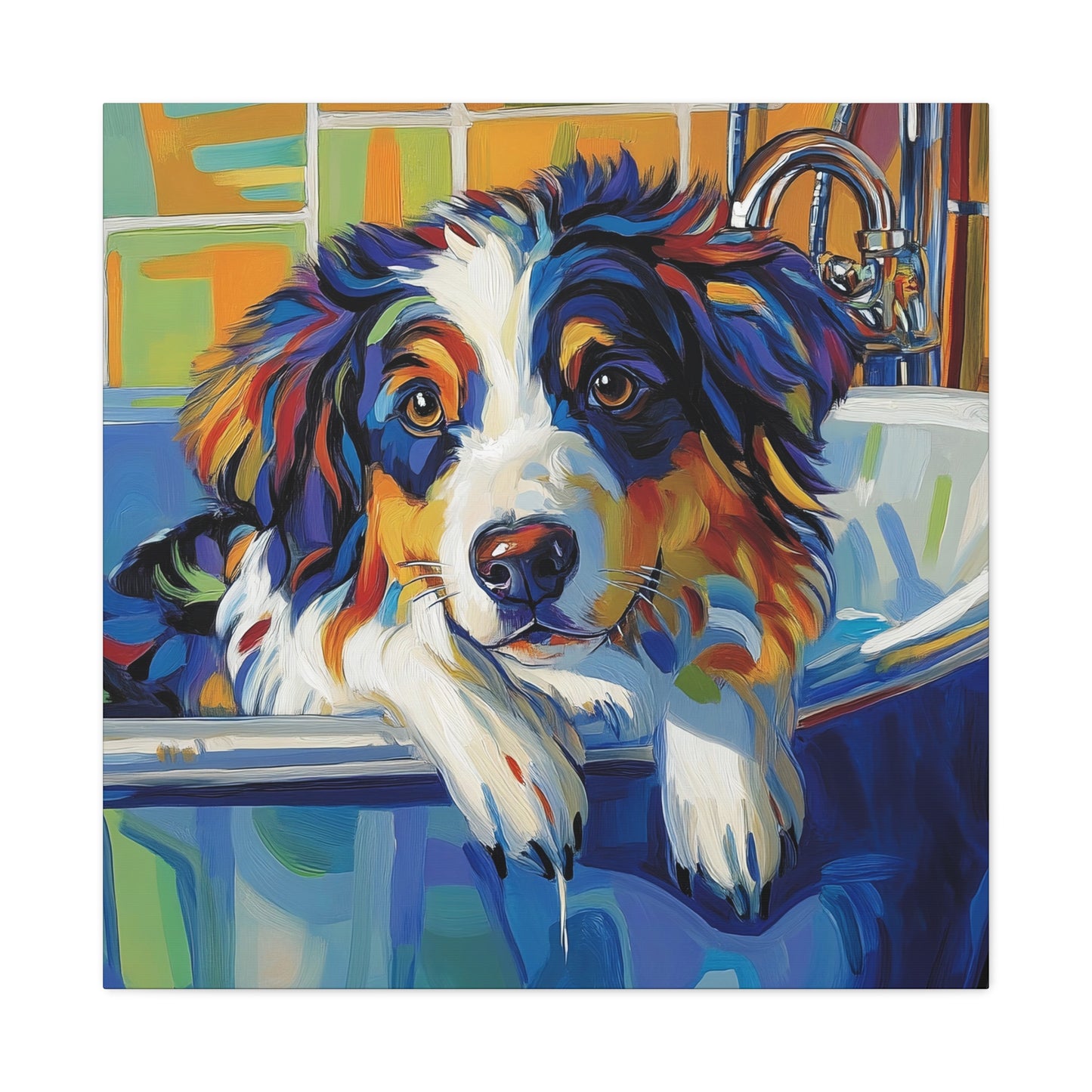 Aussie Bathtub Canvas, Australian Shepherd Art, Aussie Canvas, Tri Color Australian Shepherd Art, Dog Bathtub Prints