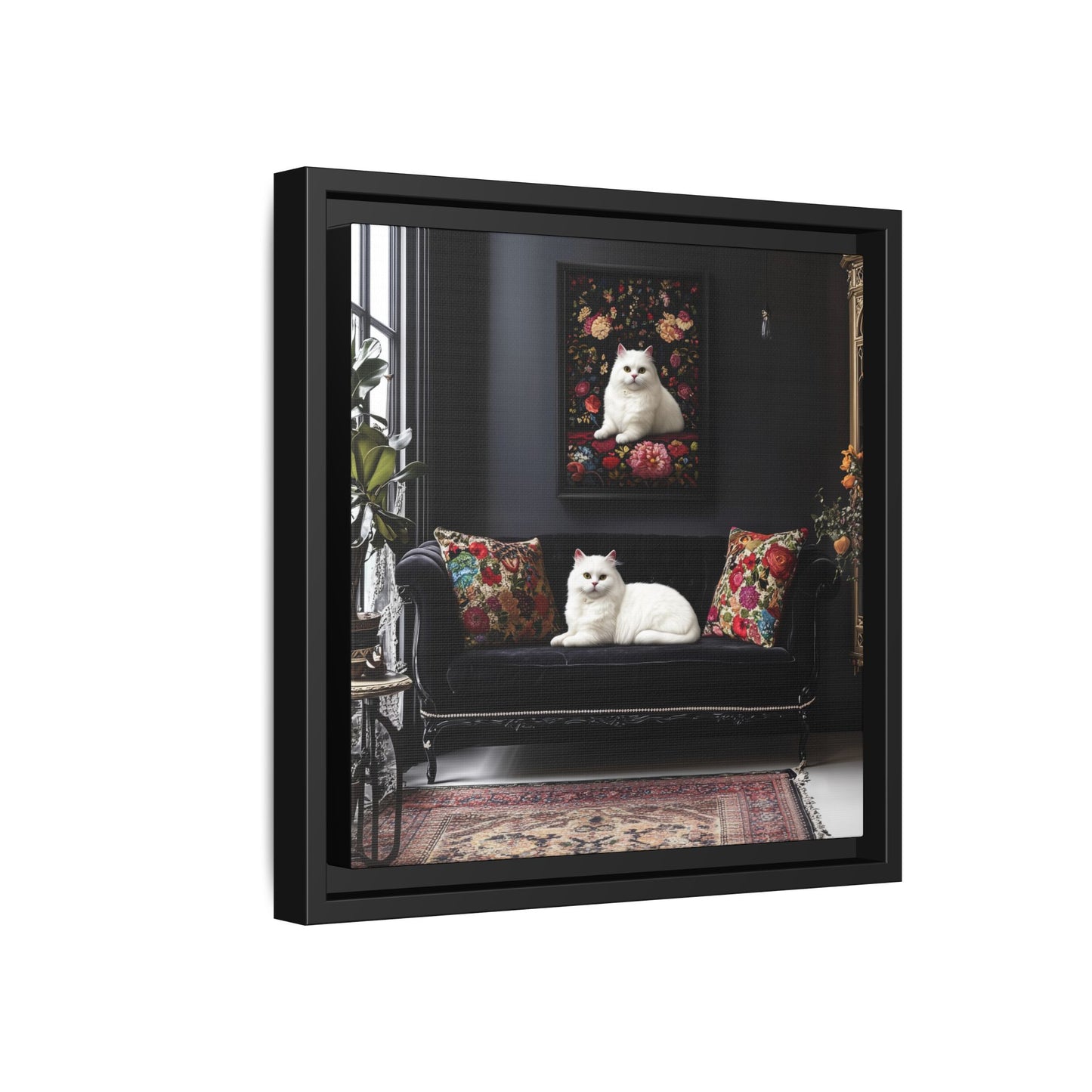 White Persian "House Cat" Portrait Matte Canvas Framed | Floral Still Life Wall Art