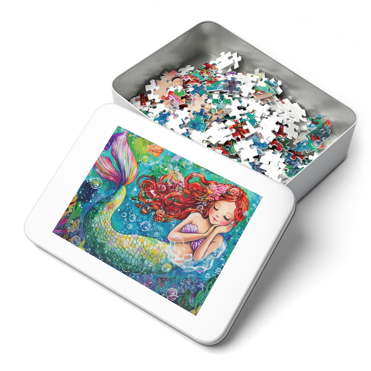 Whimsical Redhead Mermaid Jigsaw Puzzle with Tin | Colorful Underwater Scene