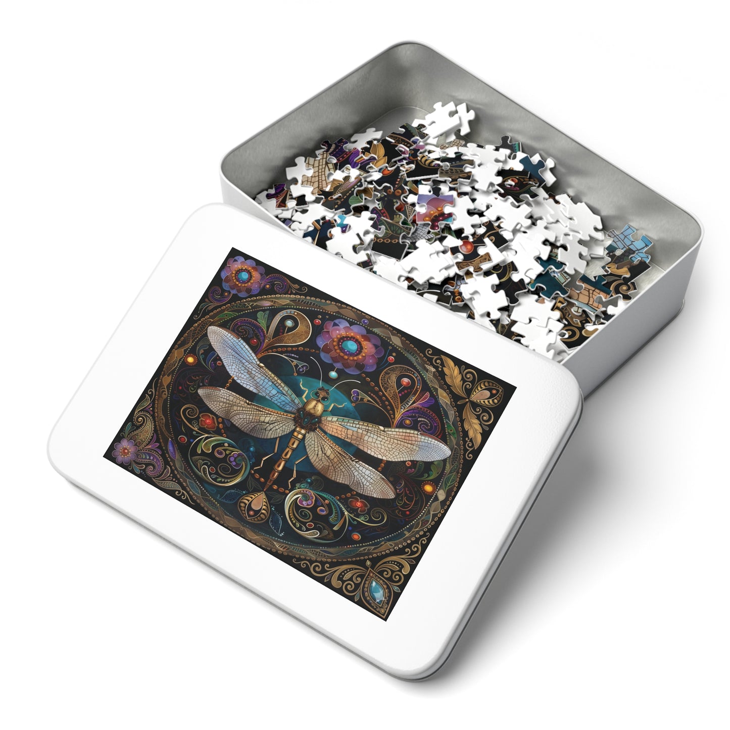 Ornate Dragonfly Jigsaw Puzzle with Tin | Ornate Floral Mosaic