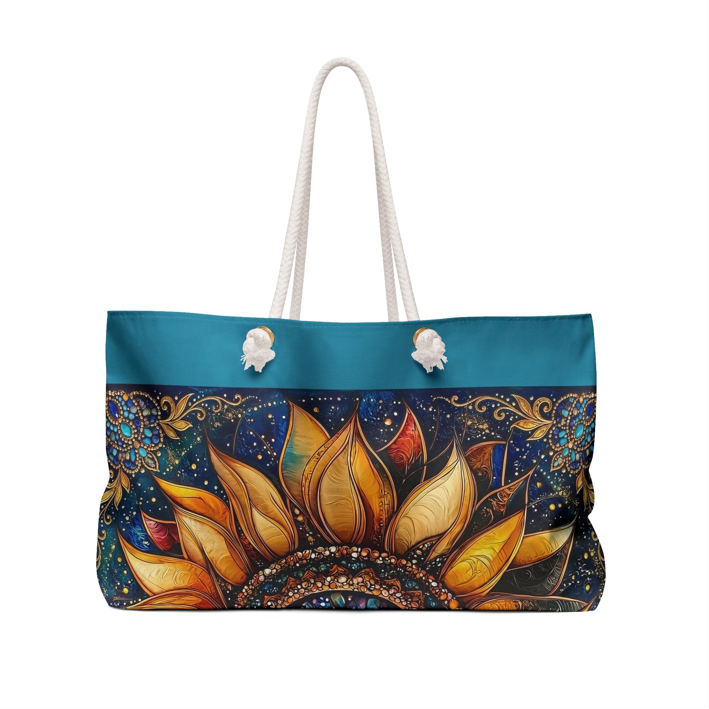 Sunflower Mandala Weekender Bag  Boho Floral Tote, Beach Travel Bag